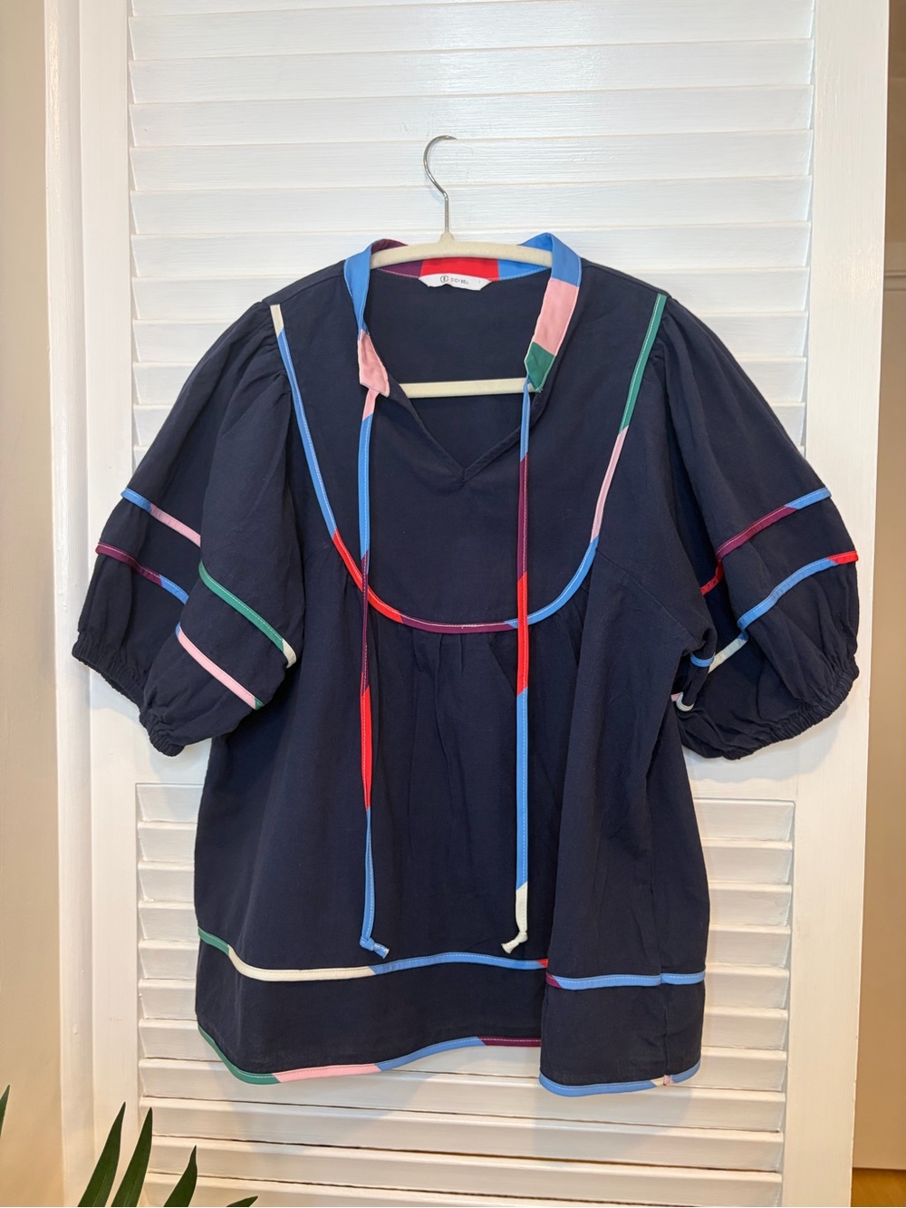 Cicy Bell 100% Cotton Navy Blue Puff Sleeve Blouse with Colorful Trim